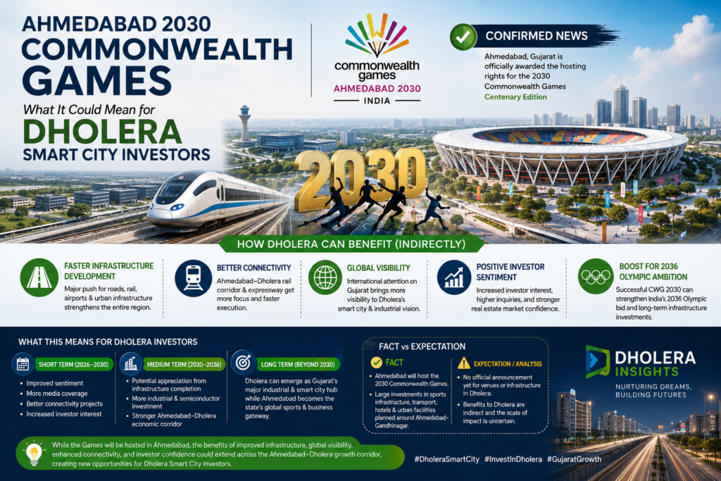 Ahmedabad 2030 Commonwealth Games impact on Dholera Smart City infrastructure and investment growth