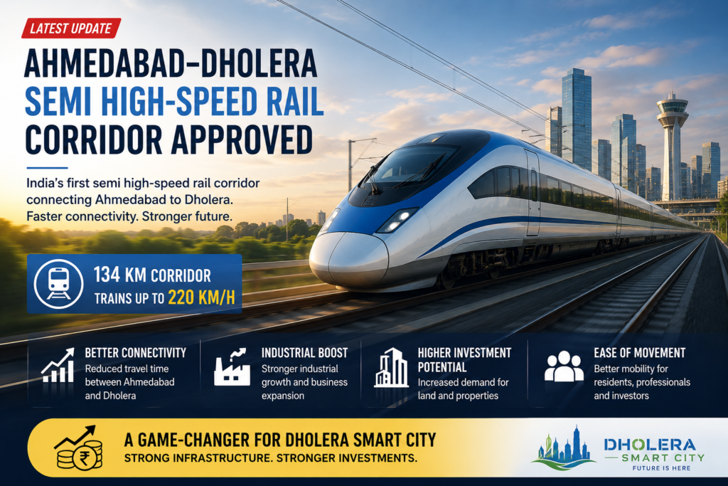 Ahmedabad Dholera semi high-speed rail corridor project connecting Dholera Smart City with modern infrastructure and investment growth opportunities