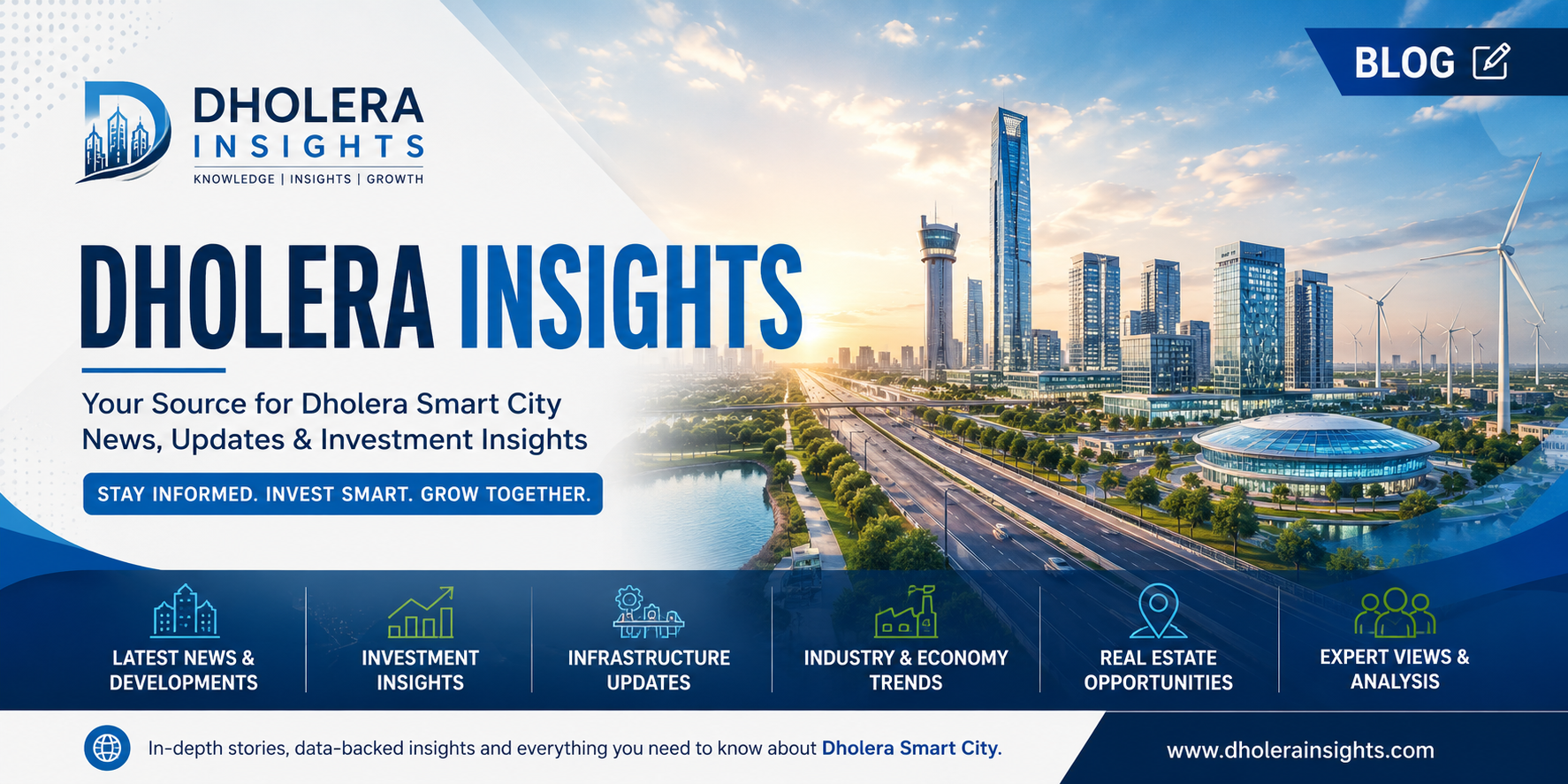 Dholera Insights smart city investment blog banner featuring futuristic infrastructure, highways, sustainability, and real estate development in Dholera Smart City Gujarat