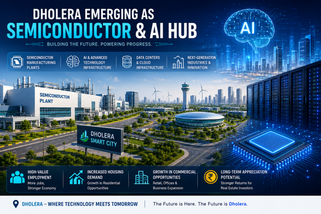 Dholera Smart City semiconductor and AI hub featuring futuristic data centers, semiconductor plants, smart infrastructure, and next-generation technology development