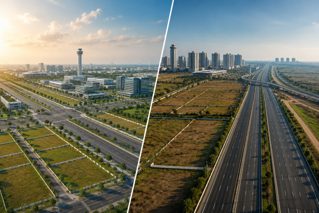 Dholera vs Yamuna Expressway plot investment comparison showing infrastructure development and residential plots