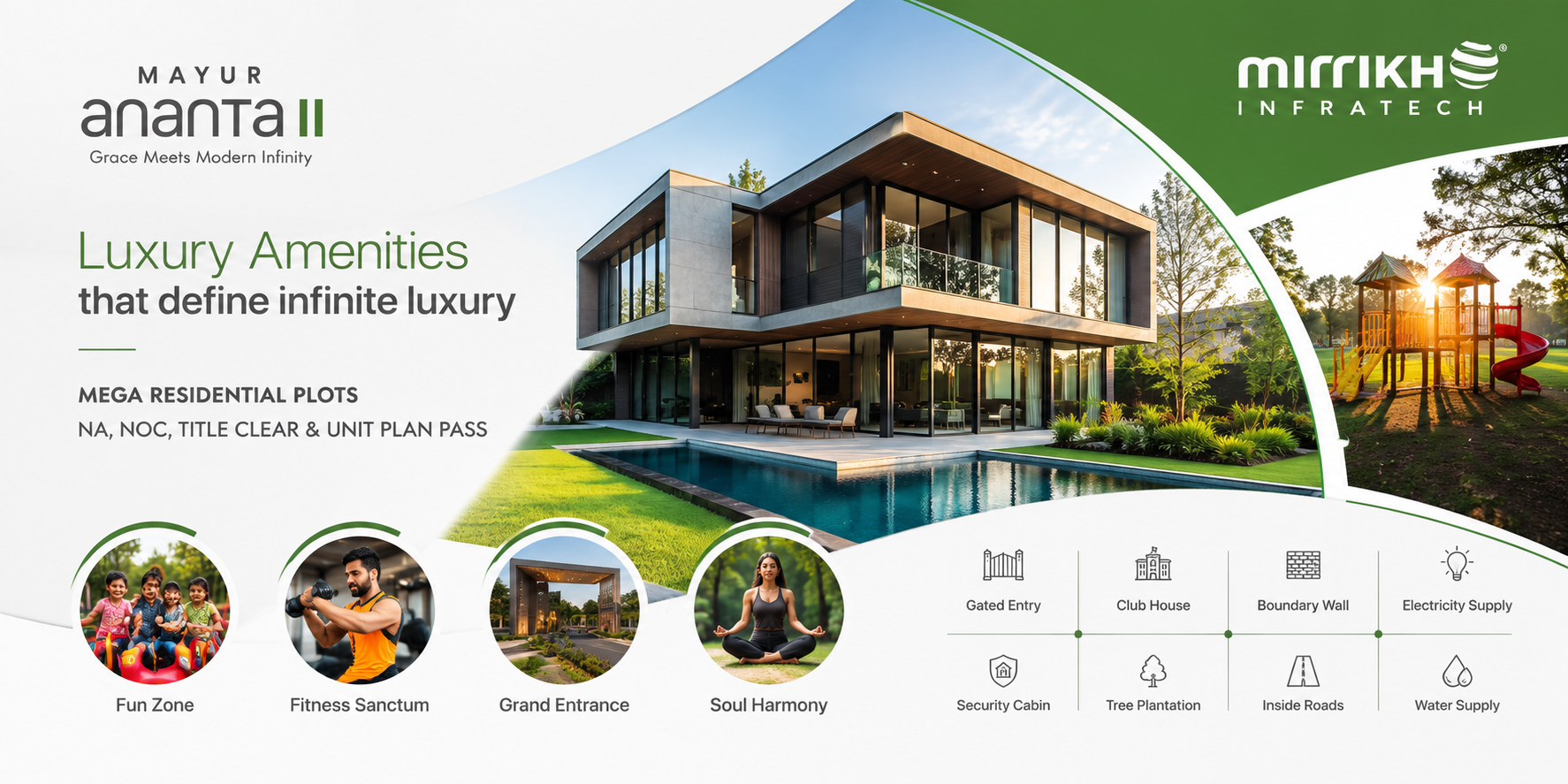 Mirrikh Mayur Ananta II luxury amenities banner for premium residential project in Dholera Smart City Gujarat