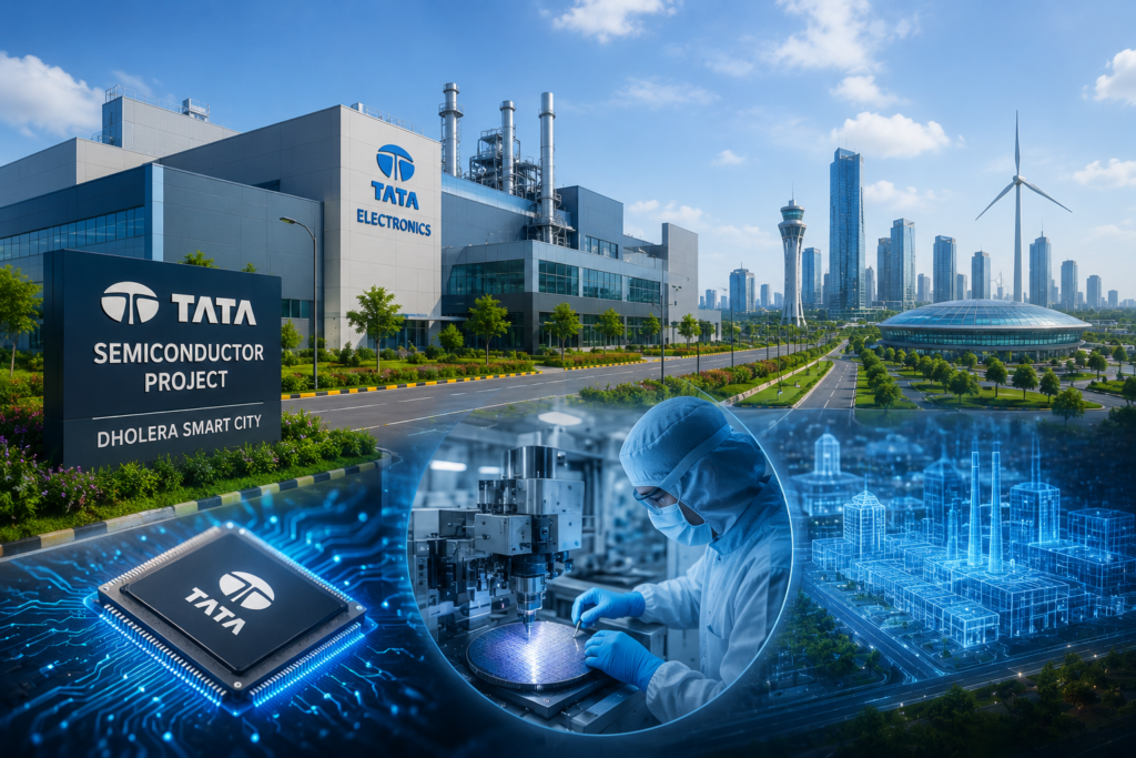 Tata Semiconductor manufacturing project in Dholera Smart City featuring advanced semiconductor factory, smart infrastructure, and futuristic industrial development