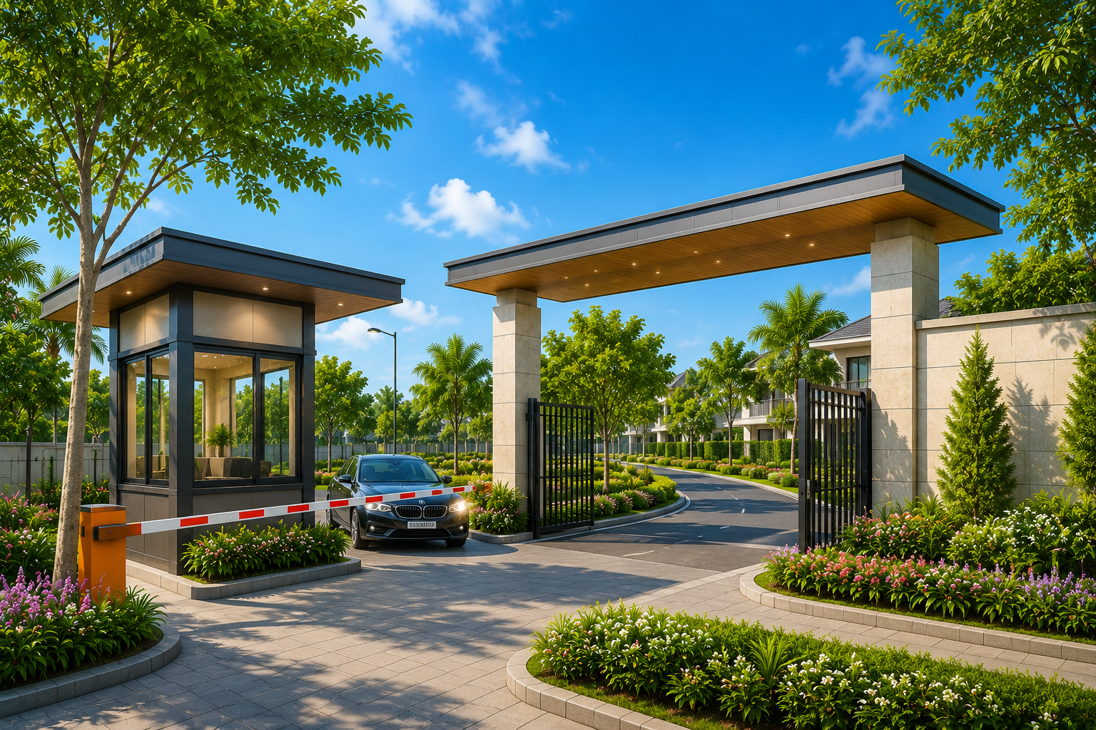 Mayur Forest Villa Dholera gated community entrance with security cabin, landscaped roads, premium infrastructure, and green surroundings
