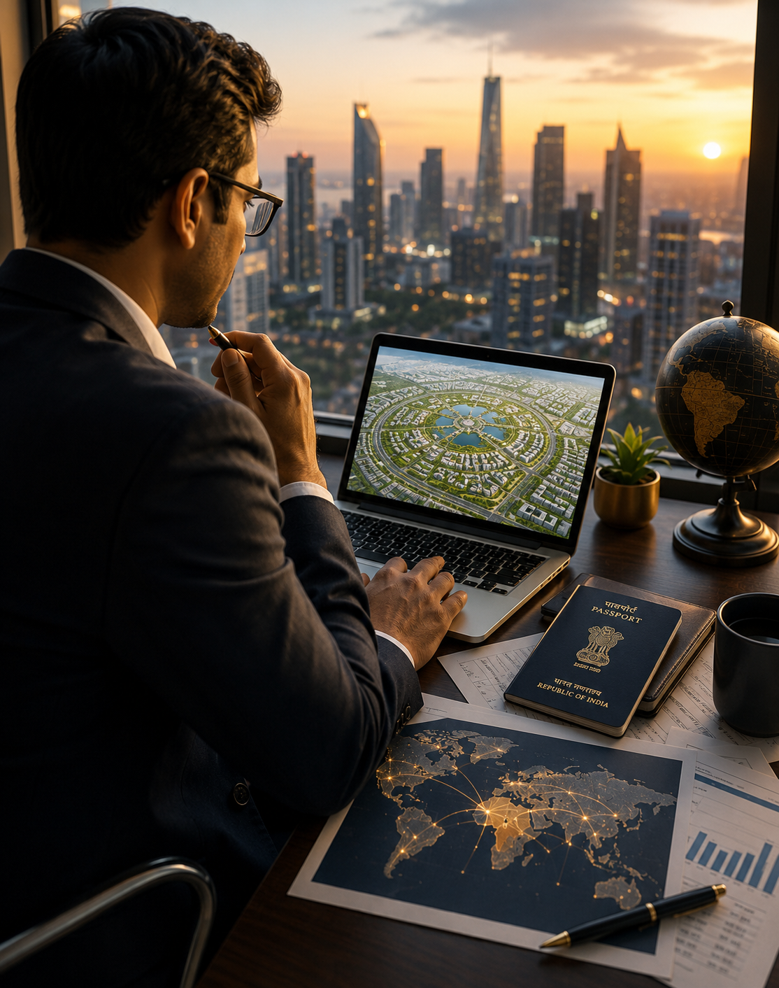 NRI Investment in Dholera Smart City NRI investor reviewing Dholera Smart City investment opportunities and verified plots in Dholera SIR from abroad
