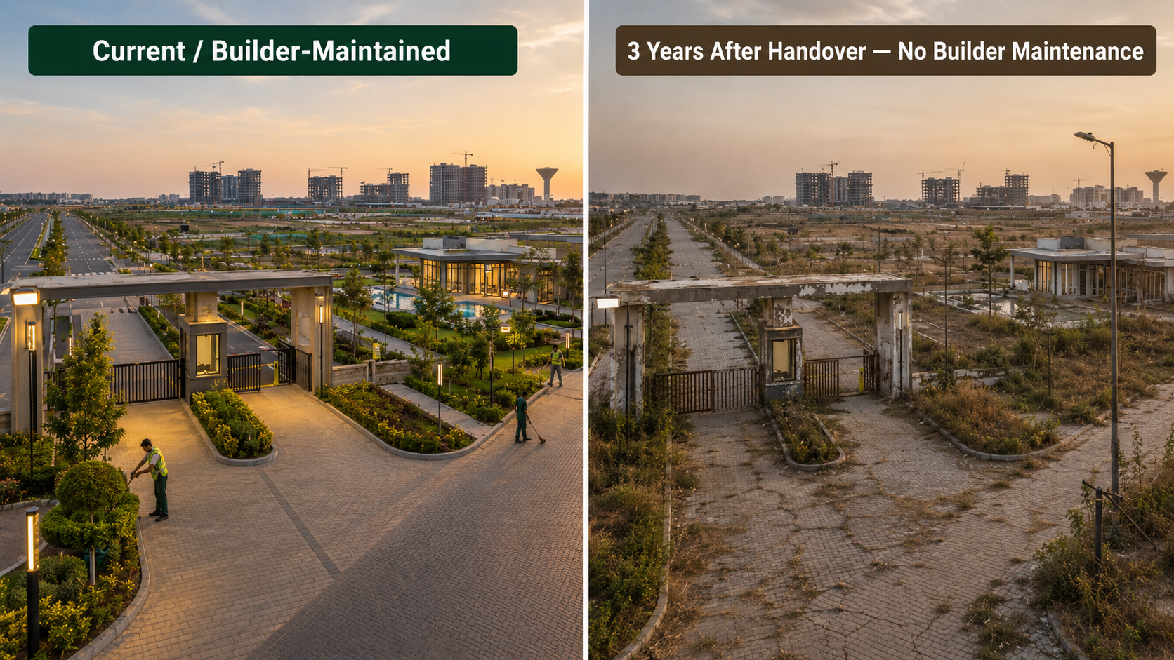 Comparison of a builder-maintained Dholera residential project and the same project after three years without maintenance