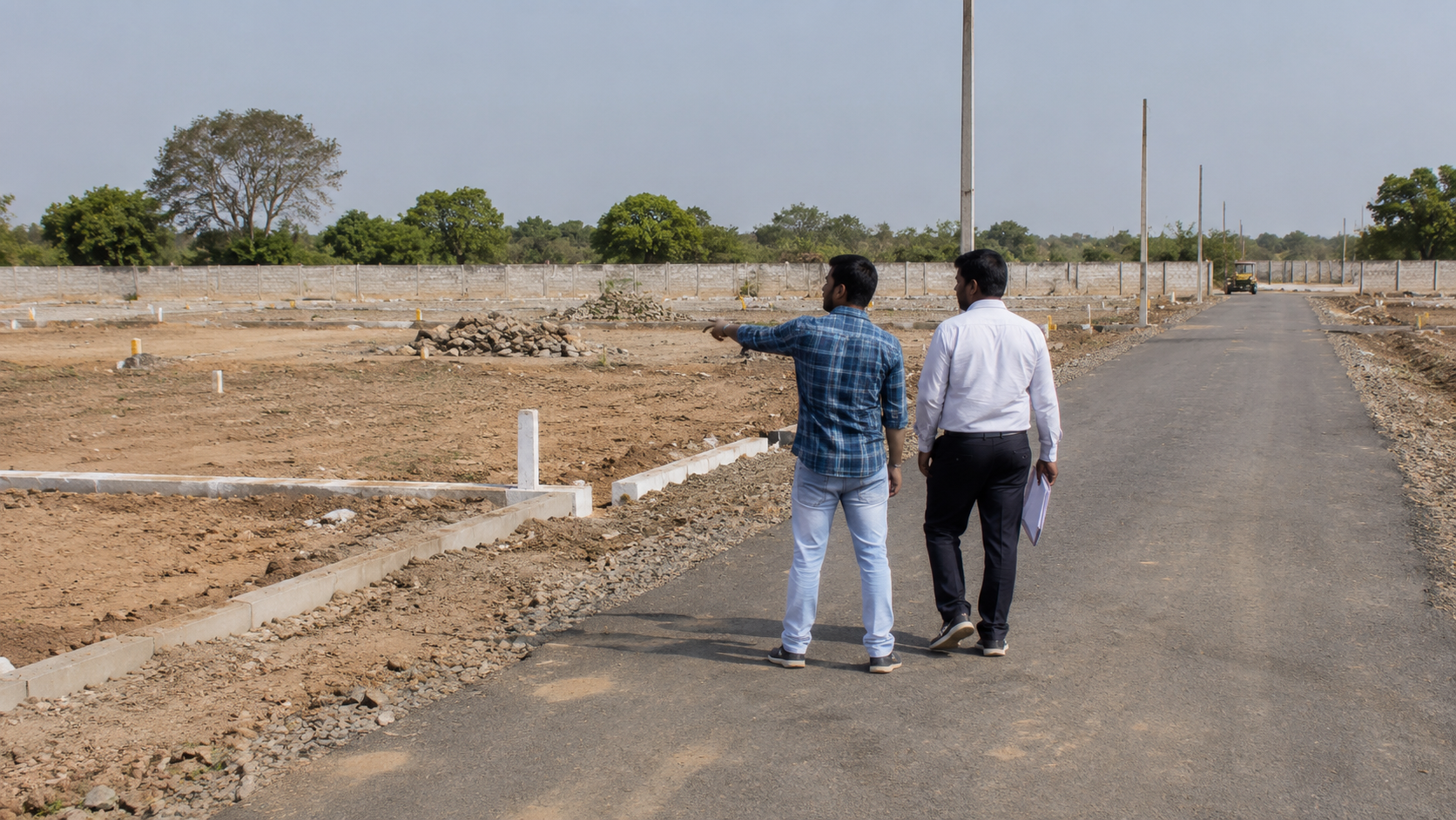 Buyer inspecting plot demarcation and road development during a Dholera site visit