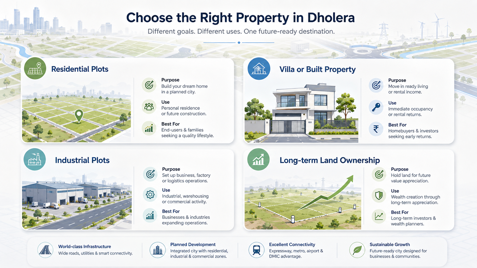 Comparison of residential plots, villas and industrial property options near Dholera