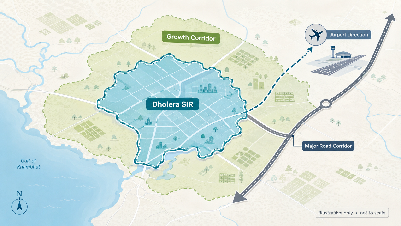 Illustrative comparison of the notified Dholera SIR boundary and surrounding growth corridor
