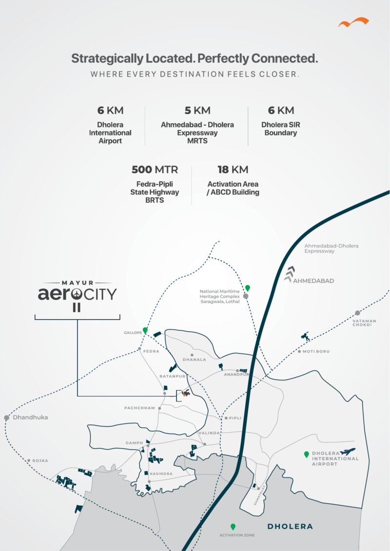 Mayur Aerocity II Dholera location map showing airport, expressway and SIR connectivity
