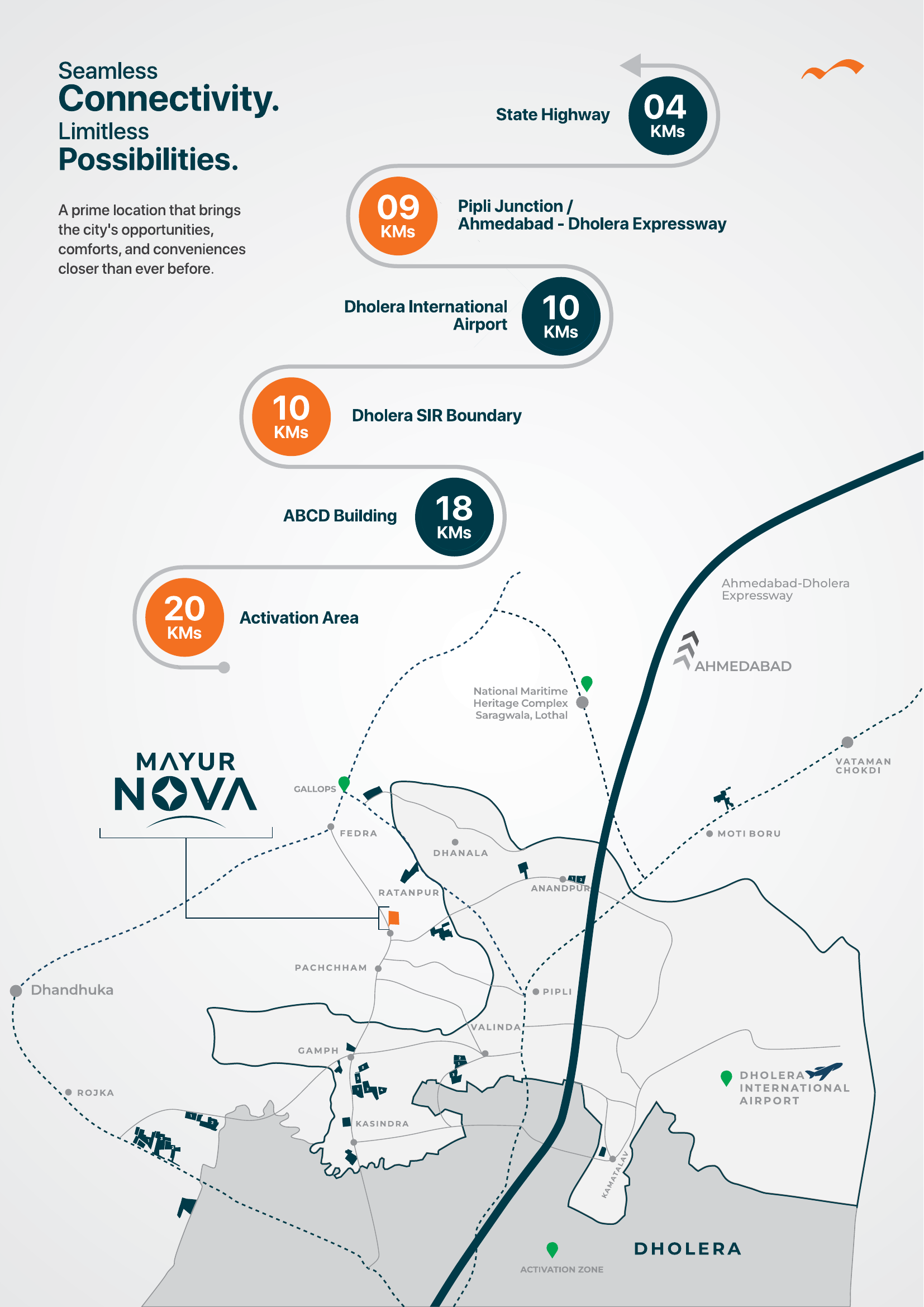 Mayur Nova Dholera connectivity map showing airport, expressway and SIR boundary distance