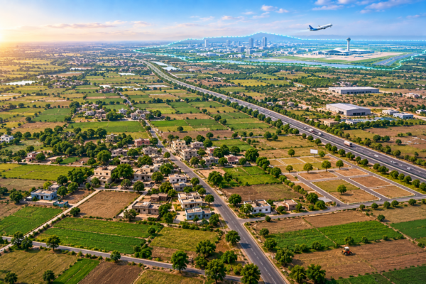 Illustrative aerial view of villages, plots and growth corridors outside Dholera SIR