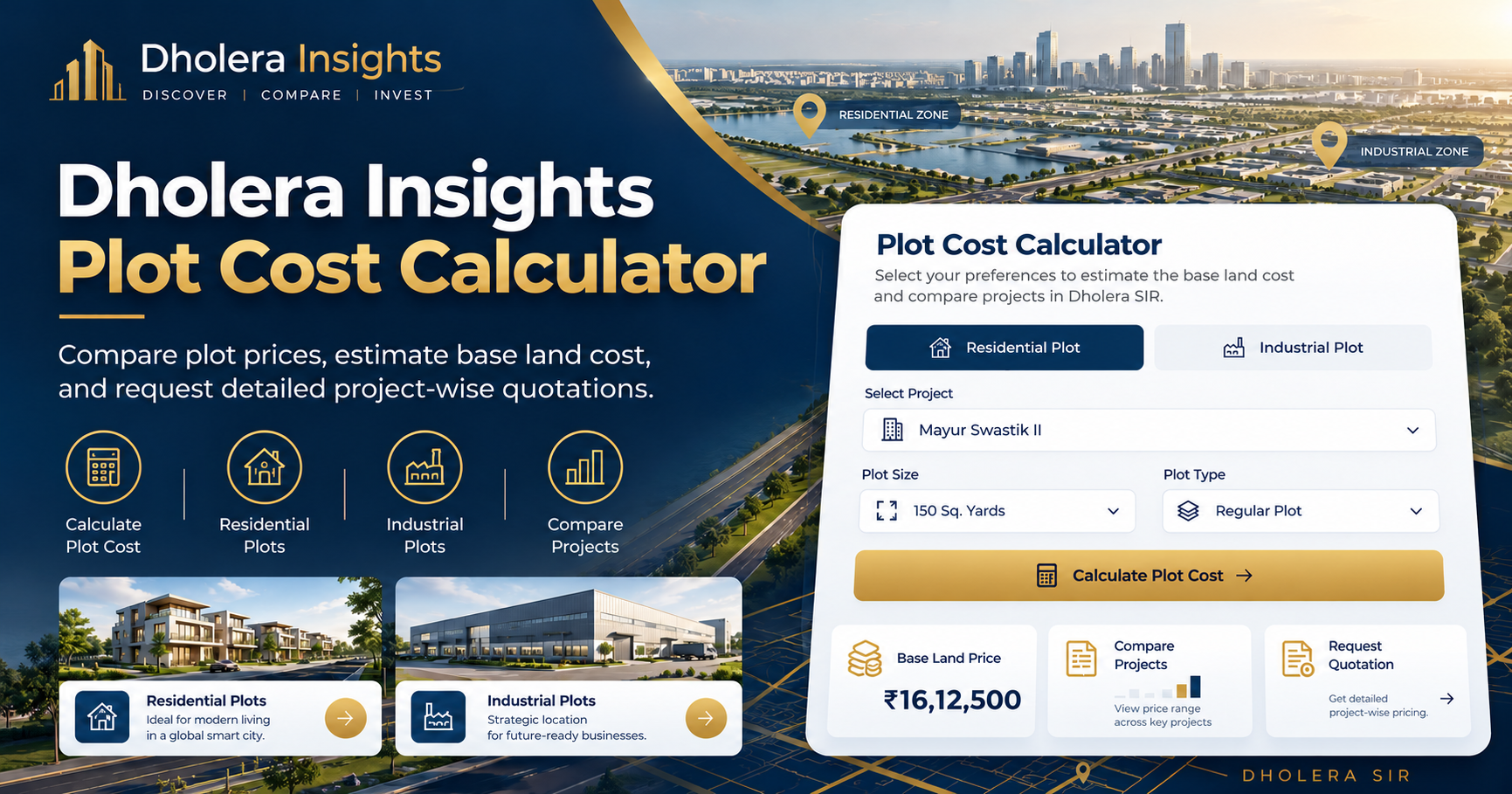 Dholera Insights Plot Cost Calculator showing Mayur Swastik II residential plot, 150 sq yd and base land price ₹16,12,500