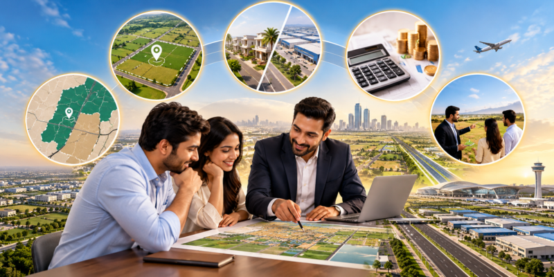 Dholera property research and advisory illustration showing residential and industrial plot comparisons, location analysis and cost planning