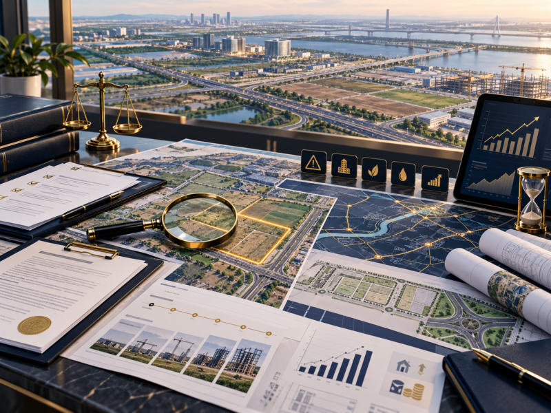 Conceptual illustration of Dholera property due diligence showing land documents, location maps, infrastructure planning and investment risk analysis
