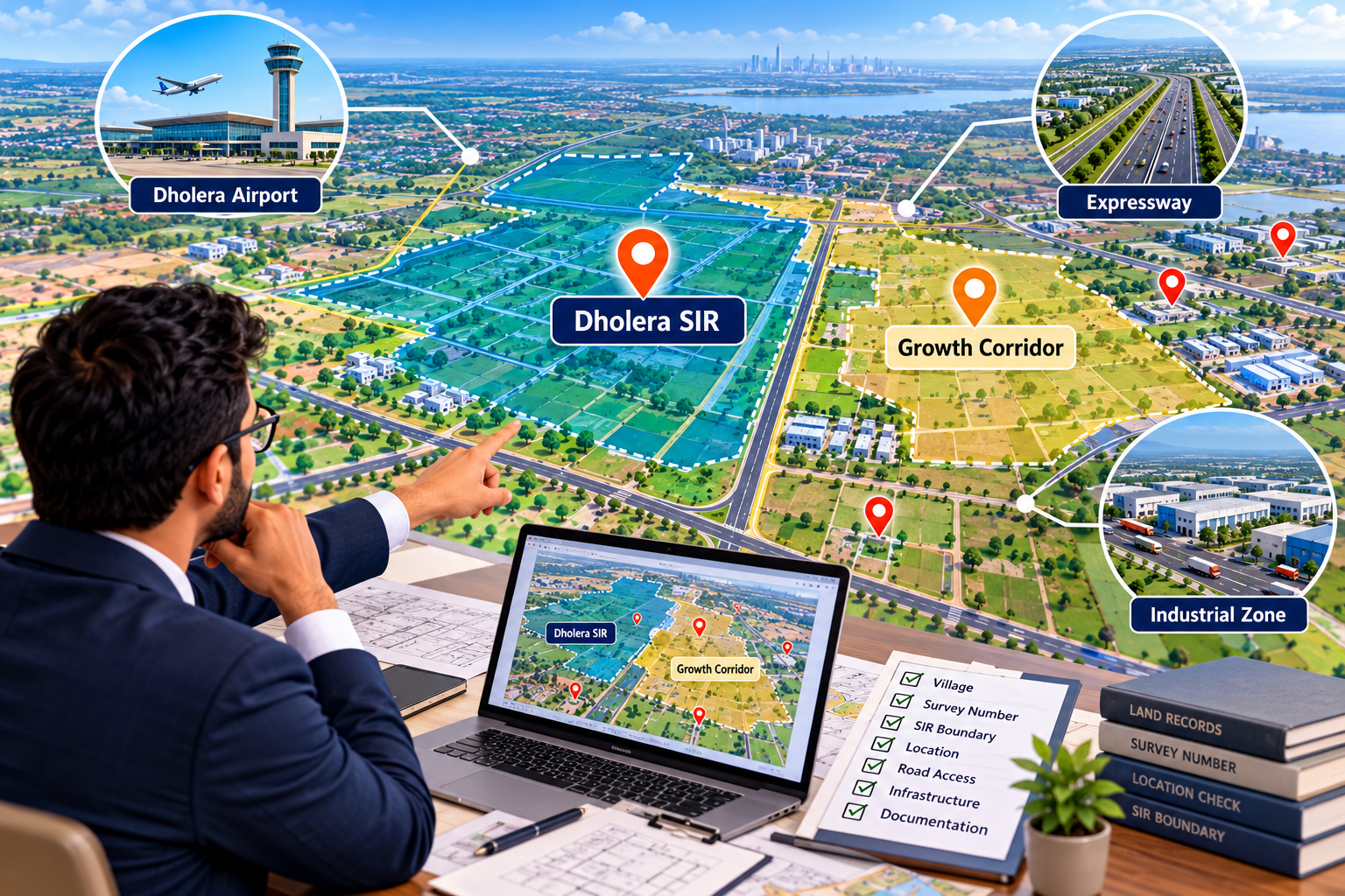 Dholera SIR boundary and Growth Corridor comparison showing plot locations, airport, expressway and land verification.