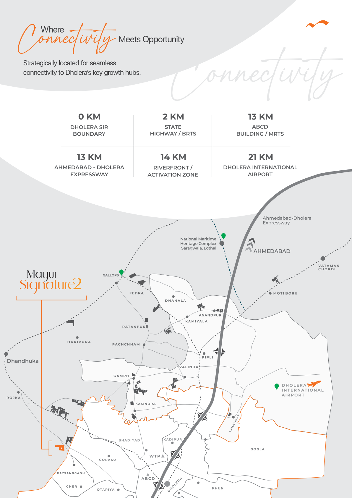 Mayur Signature II Dholera location map showing Rojka residential plots near Dholera SIR boundary, expressway and international airport