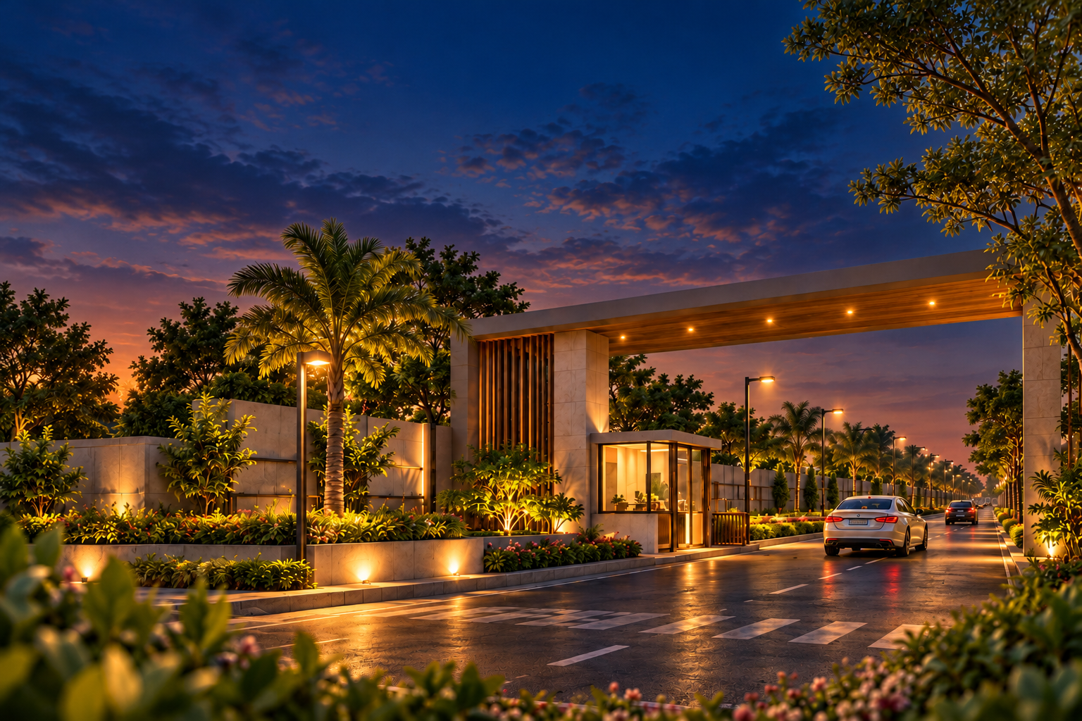 Mayur Signature II Dholera conceptual gated entrance with landscaped roads, security cabin and premium residential surroundings