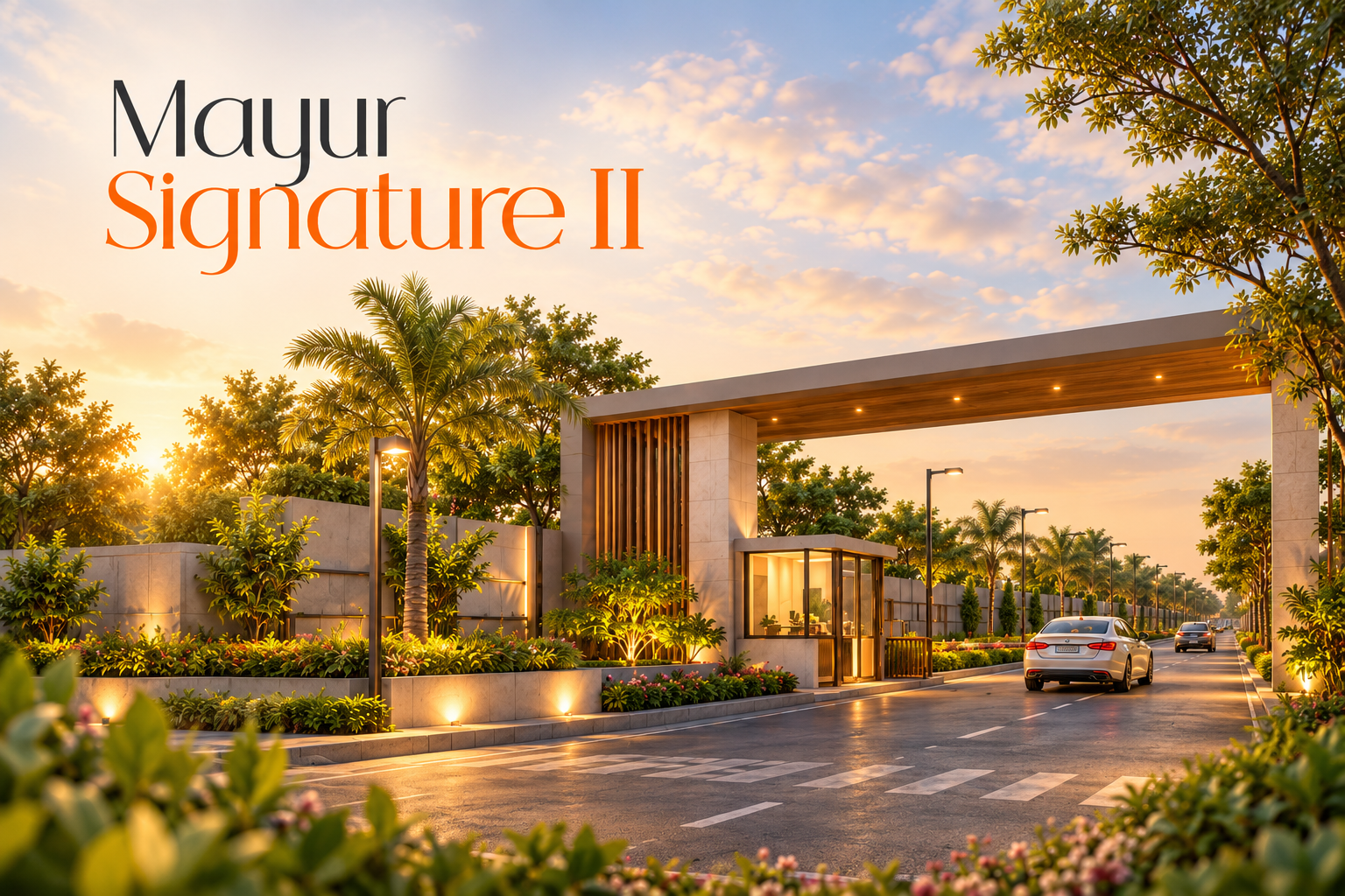 Mayur Signature II Dholera conceptual gated entrance with landscaped roads, security cabin and premium residential surroundings