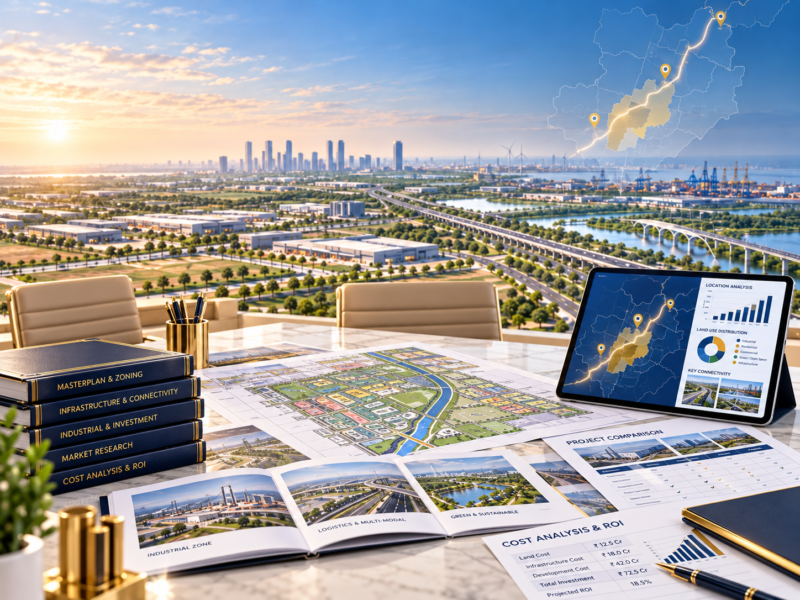 Dholera property investment research illustration showing project comparison charts, location maps and infrastructure planning